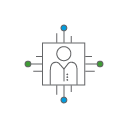 Person outlined inside a microchip icon representing human-centered technology.