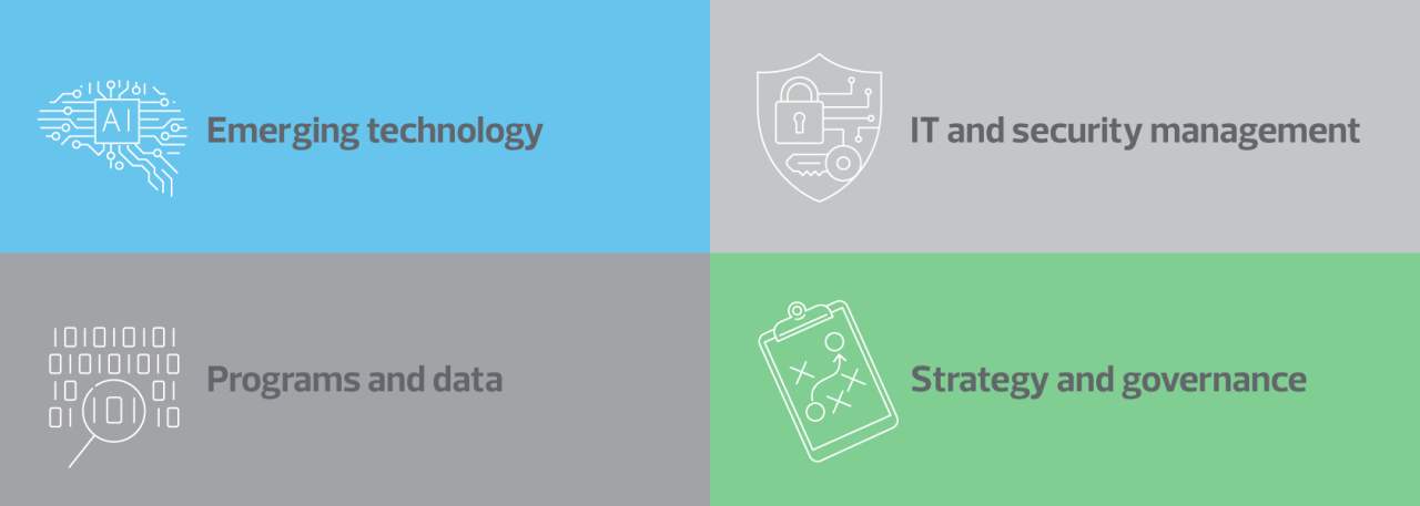 Our IT risk assessments evaluate a wide range of risk domains within four categories: Emerging technology; IT and security management; Programs and data; and Strategy and governance.